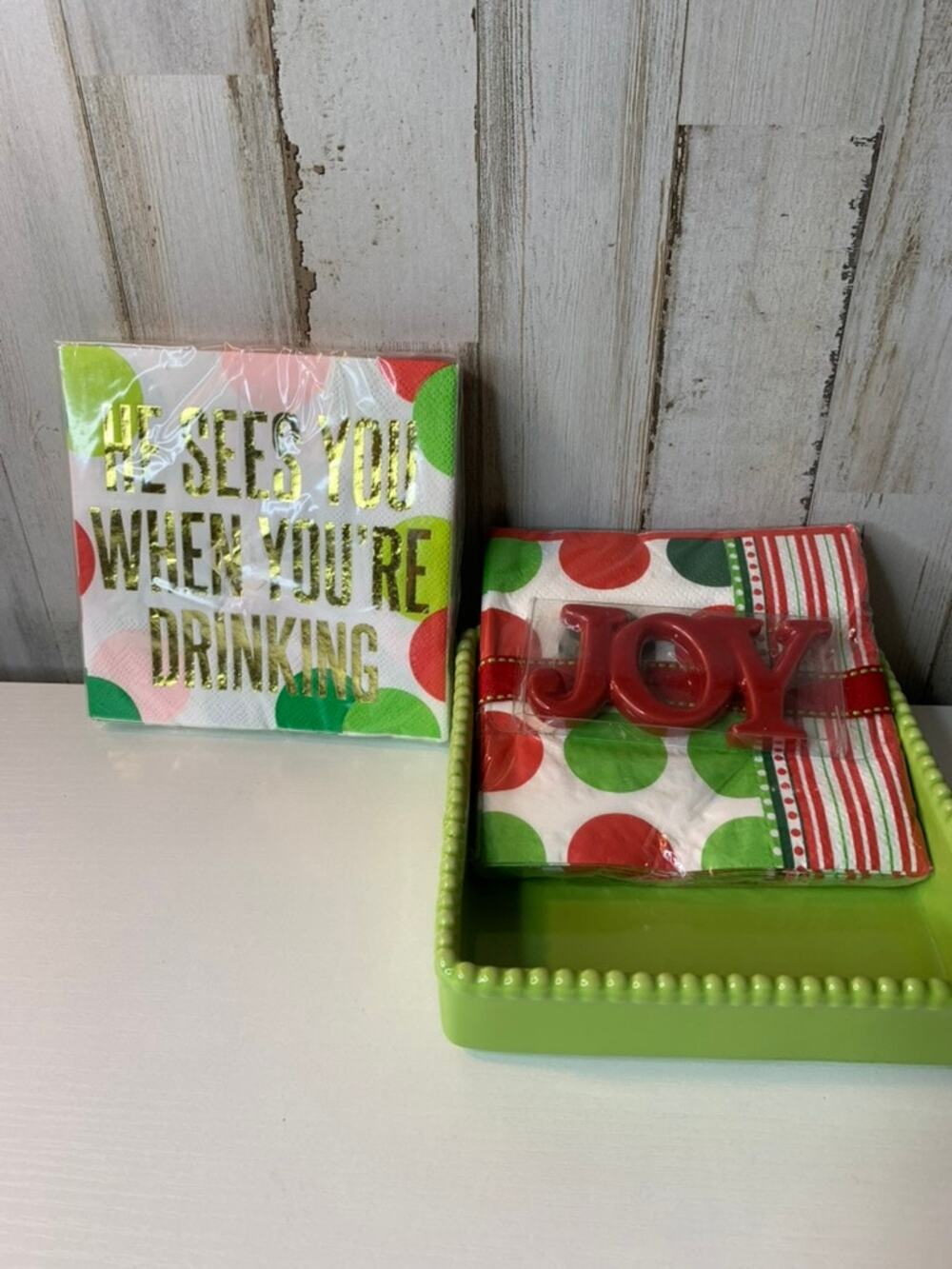 Real Home Napkin Holder Tray Set Green Square 5x5 Beaded Rim